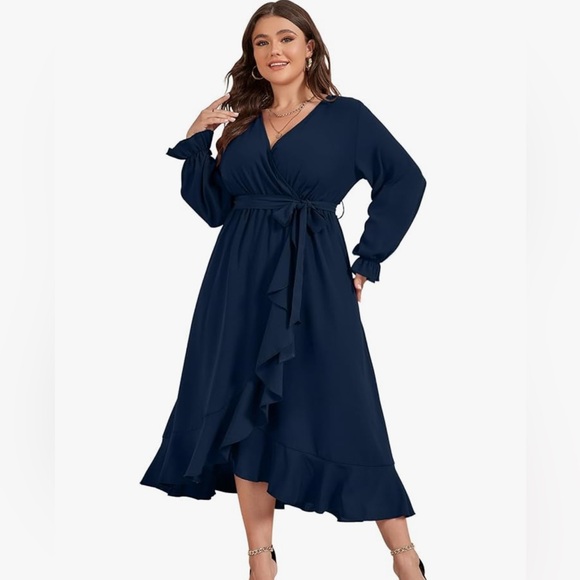 Women Formal Dresses Long Sleeve Faux Wrap V Neck High Low Ruffle -Navy - Picture 1 of 6